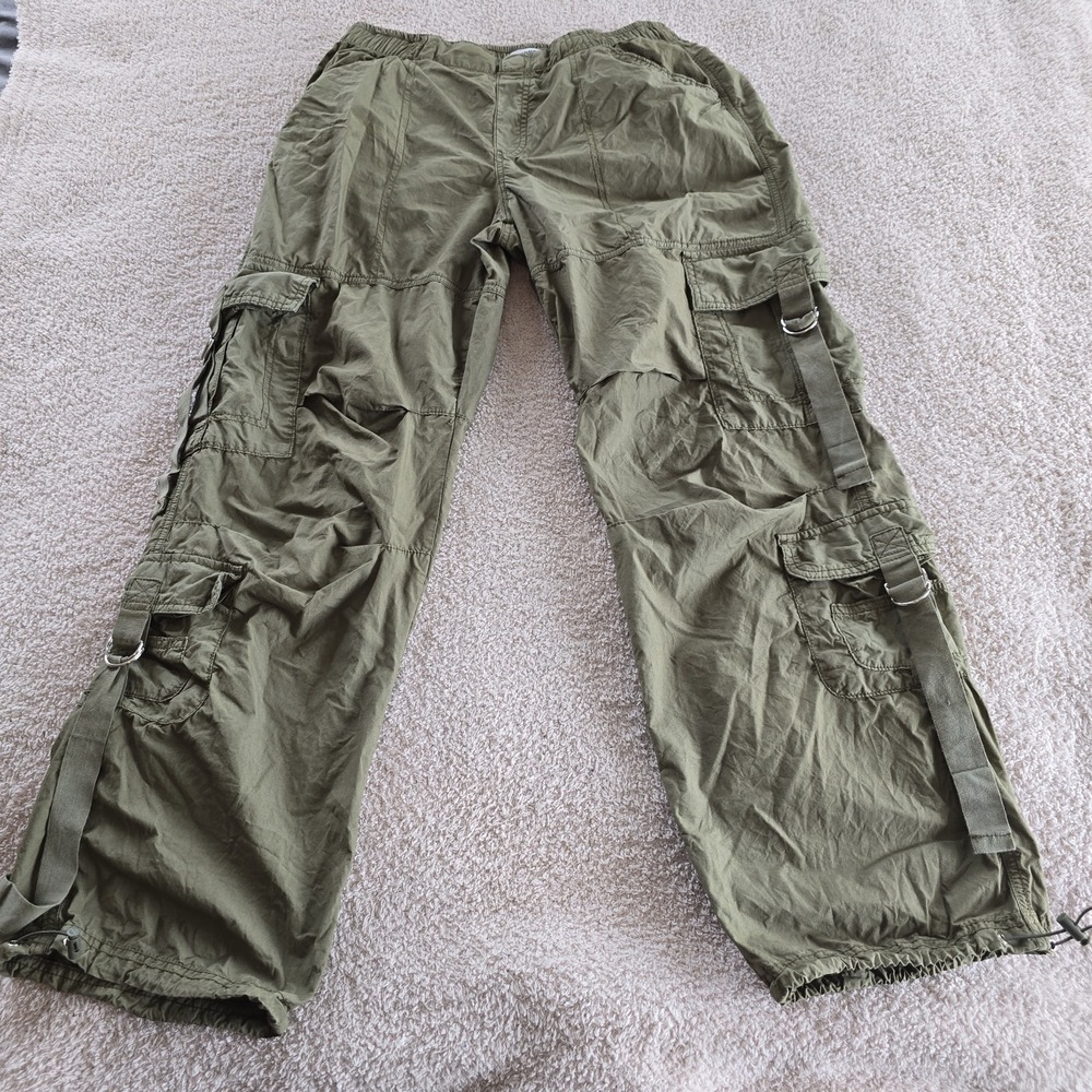 Garage Green Cargo Pants Buckles Drawstring Cuffs Sz M Y2K Skater Grunge Utility